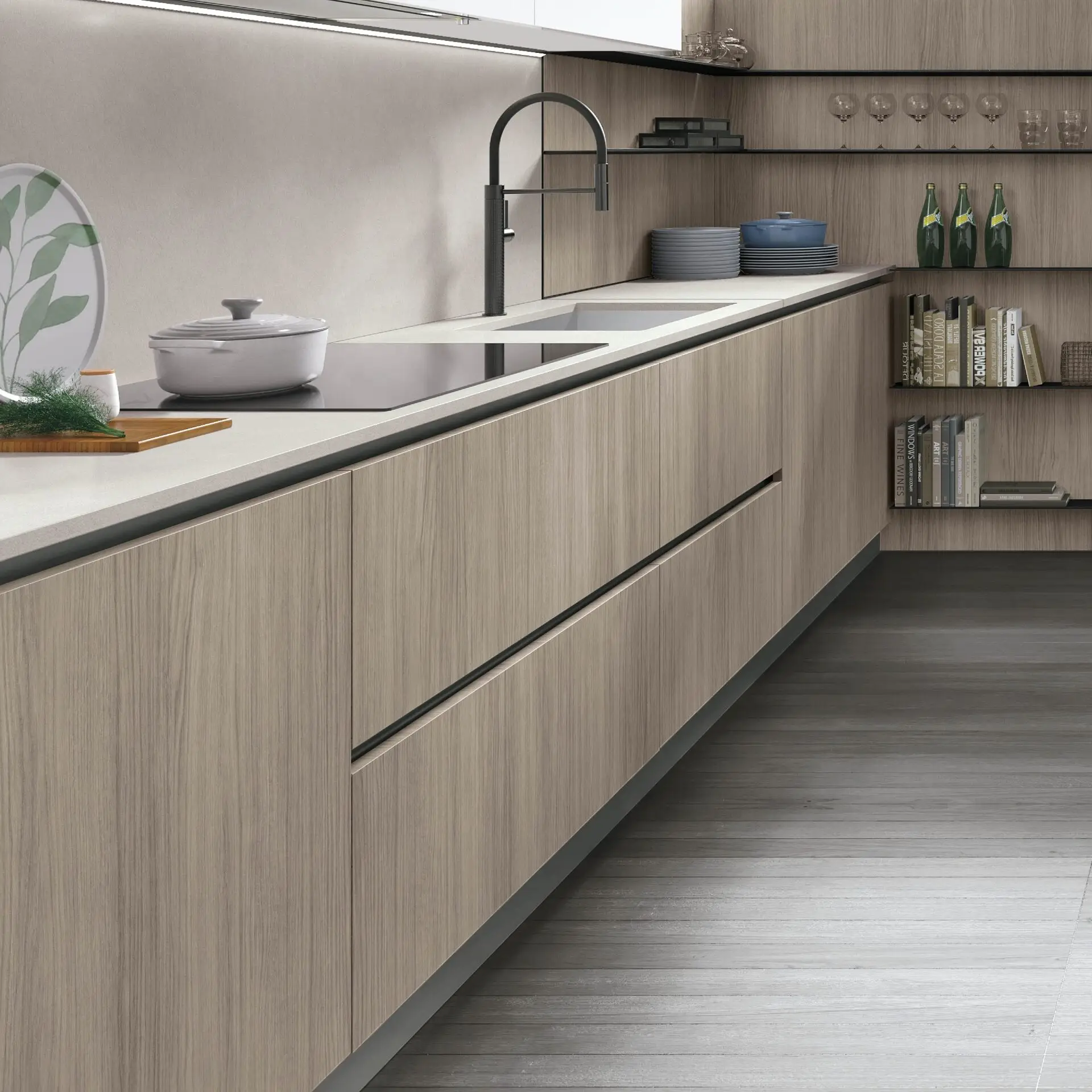 7.-Termo-Strutturato-Rovere-Sesamo3-scaled Cucina su misura con ante in rovere chiaro e apertura a gola