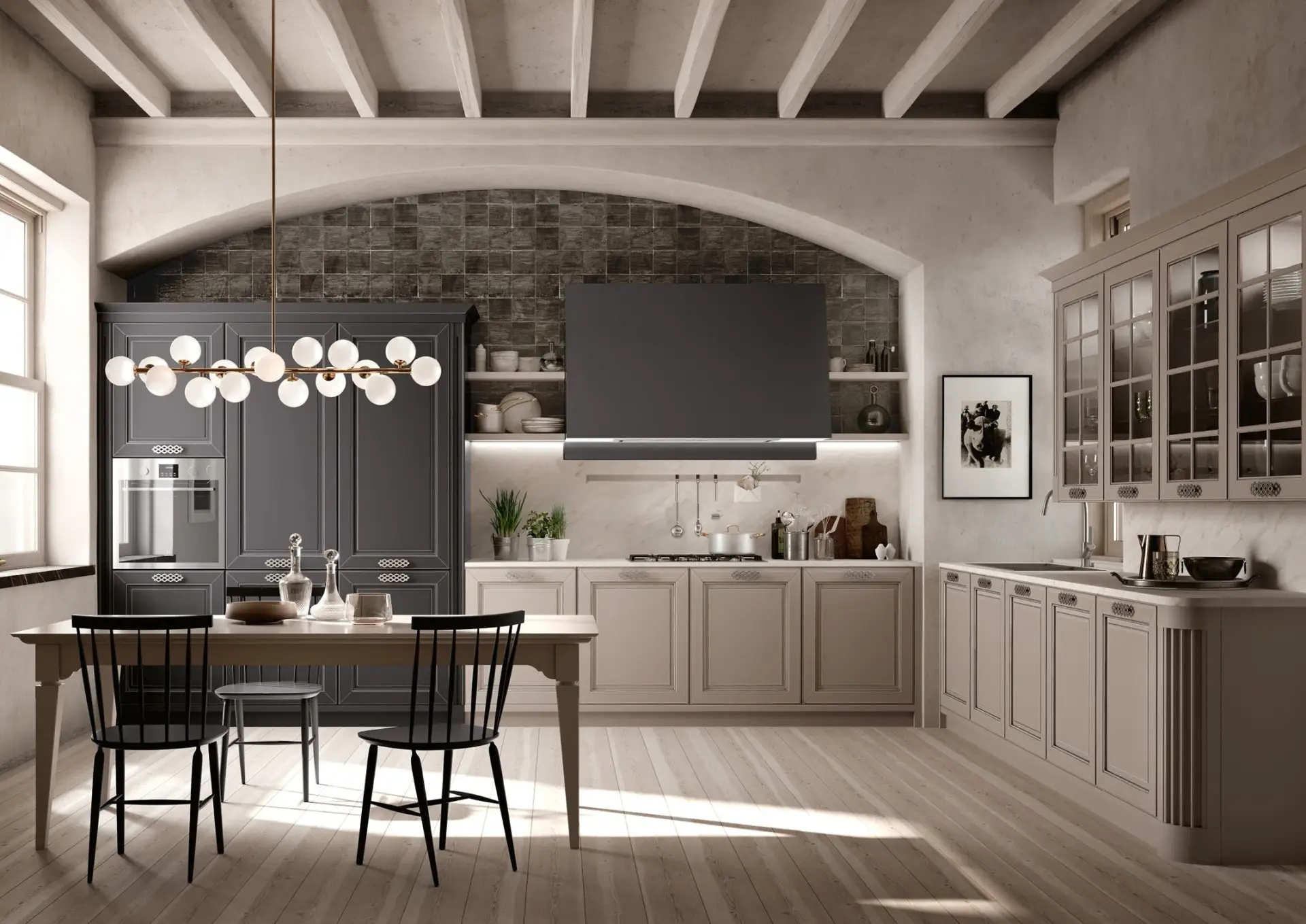 cucina-moderna-su-misura-officina-cucine-sartoriali-stosa-10 Cucina su misura in stile classico con ante a telaio, arco in mattoni e travi a vista
