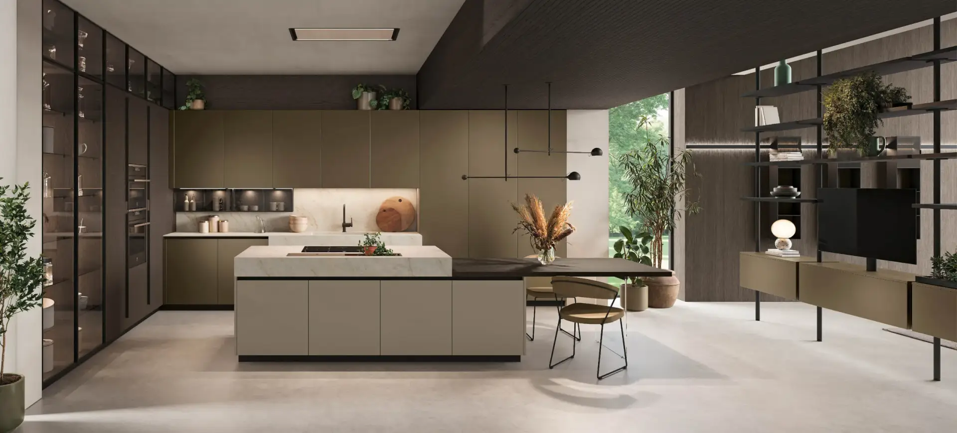 Cucina moderna su misura con grande isola e ante verde oliva