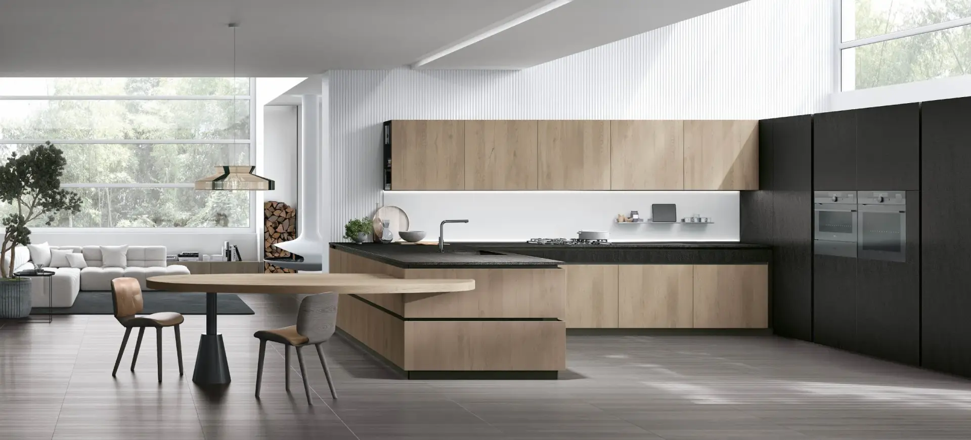 Cucina moderna su misura con penisola in legno chiaro e colonne nere